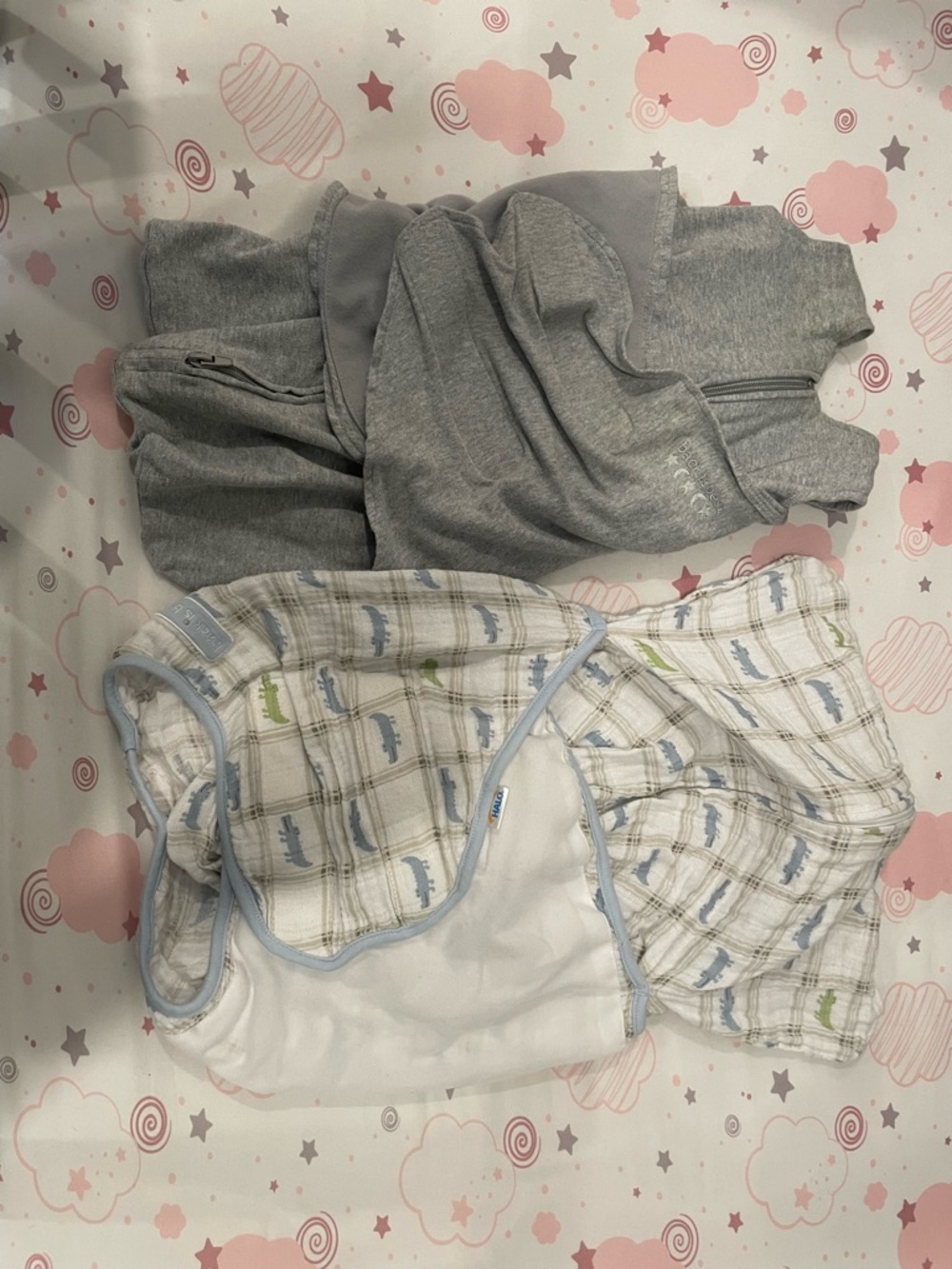Halo Gray Sleep Sack with Light Blue-Trimmed Plaid Muslin Swaddle